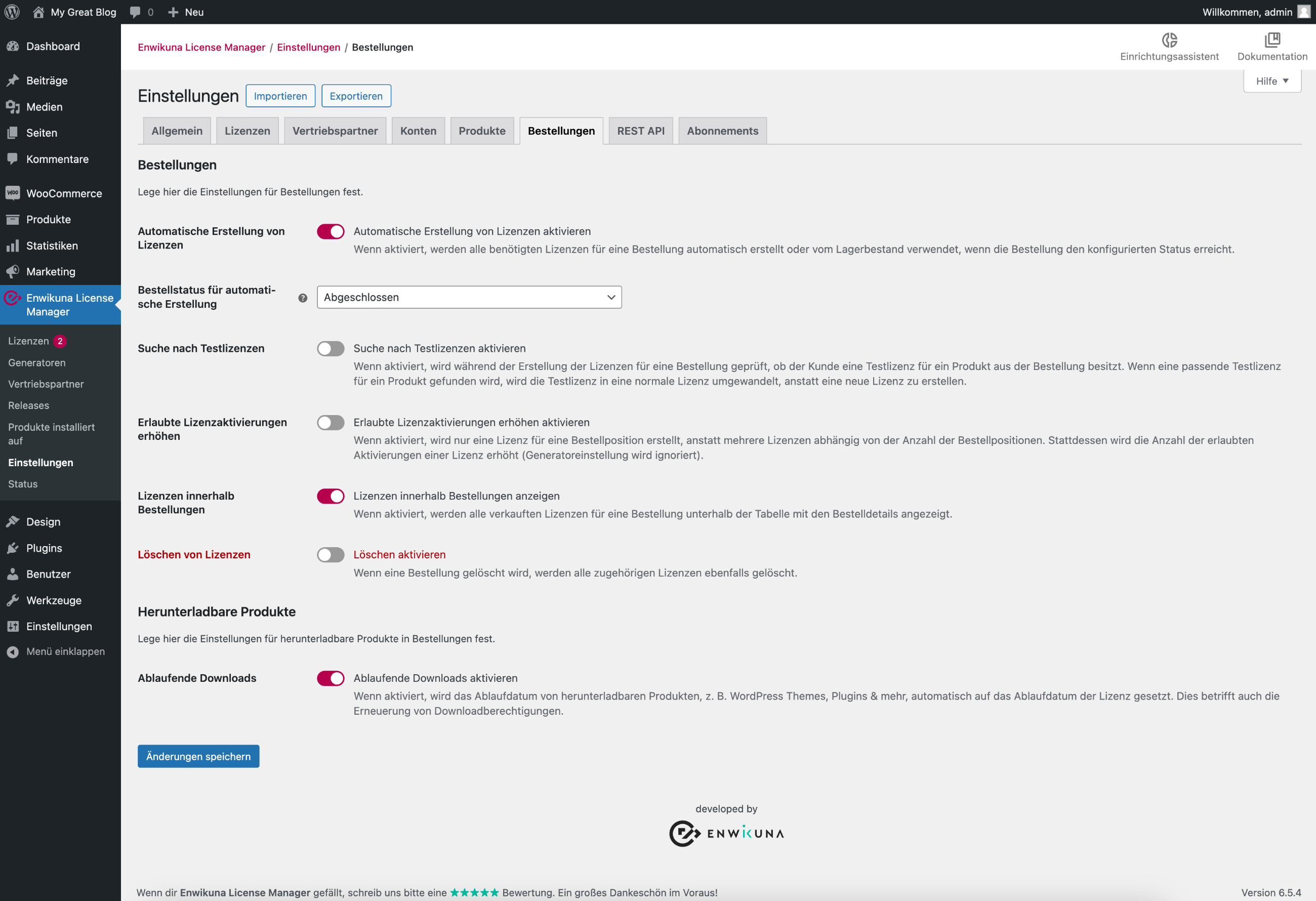 Enwikuna License Manager Bestellungseinstellungen