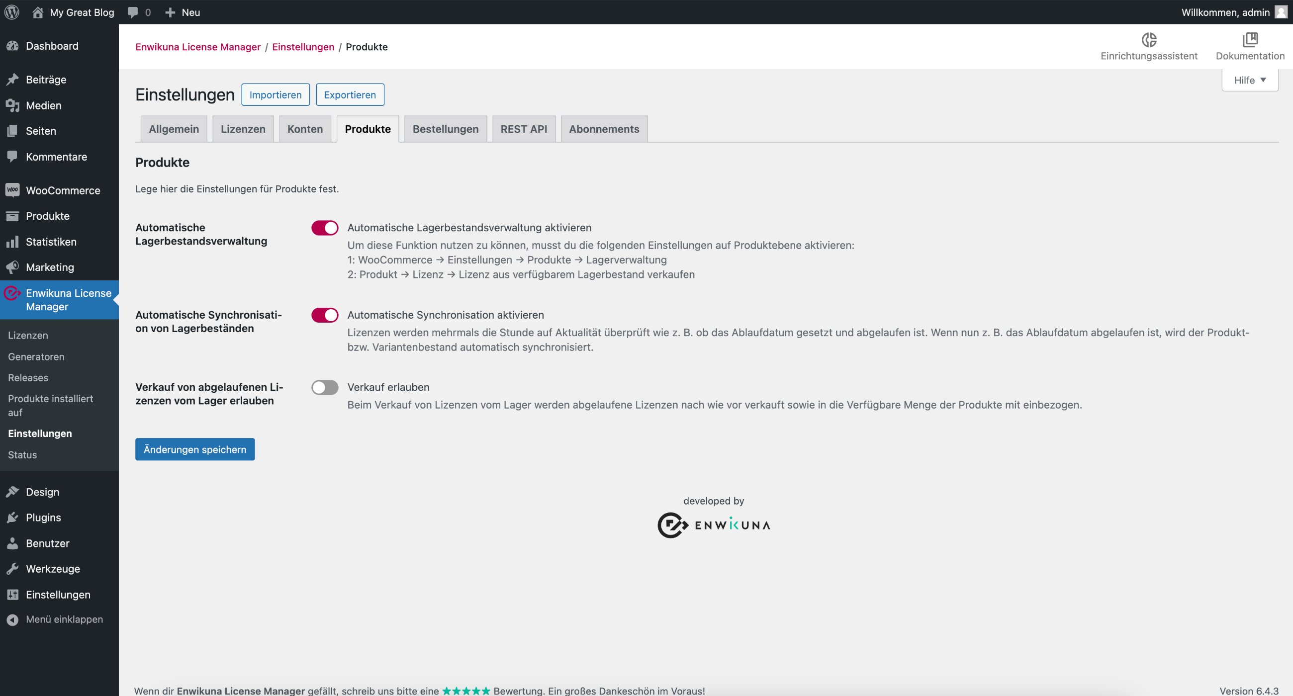 Enwikuna License Manager Produkteinstellungen