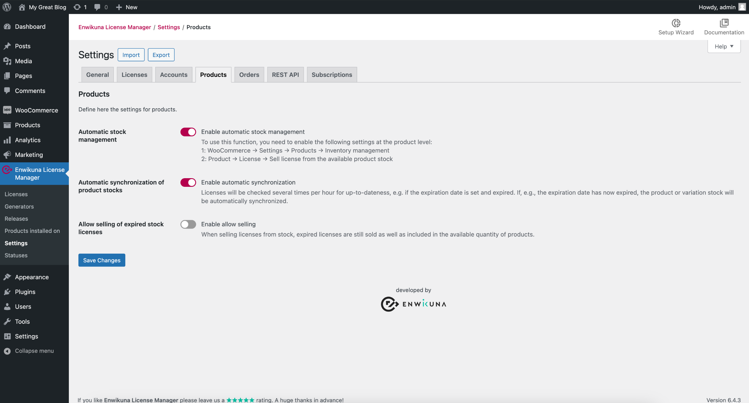 Enwikuna License Manager Produkteinstellungen