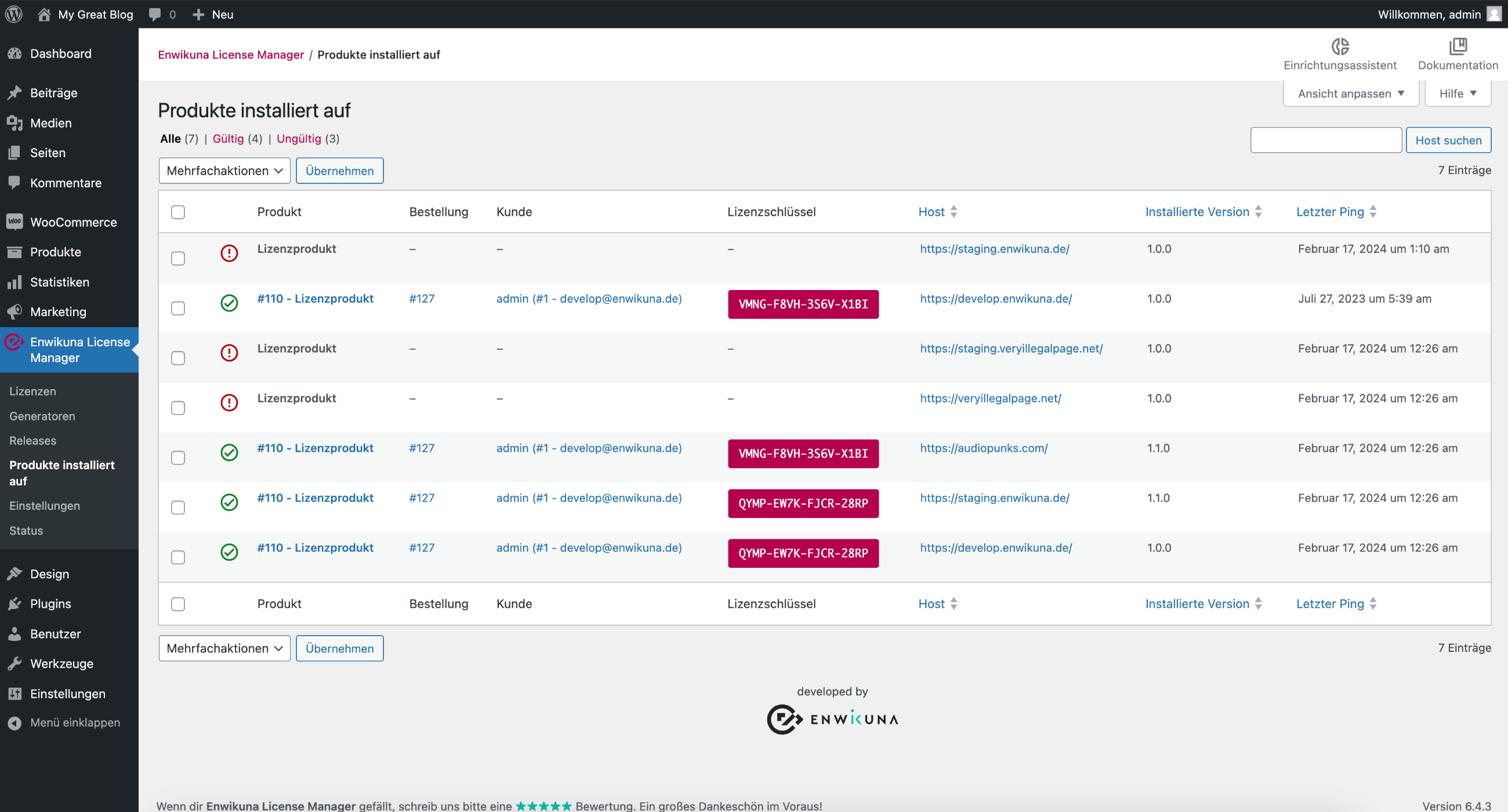 Enwikuna License Manager Produkte installiert auf