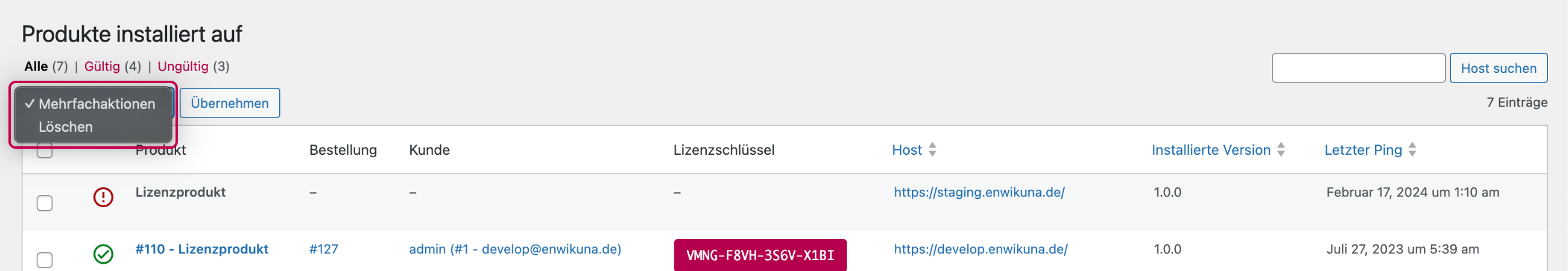 Enwikuna License Manager Produkte installiert auf Tabelle Mehrfachaktionen