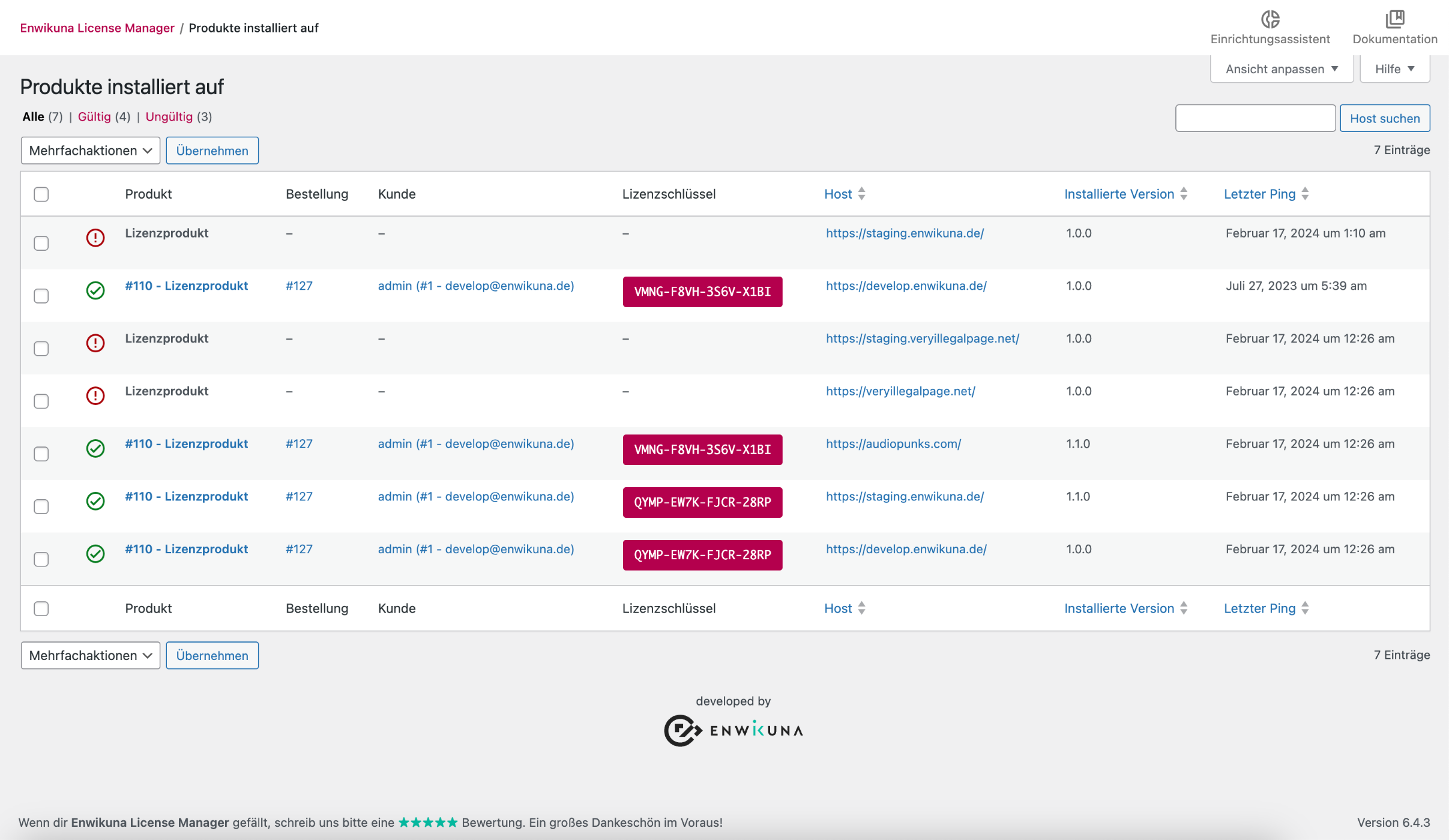 Enwikuna License Manager Produkte installiert auf Tabelle