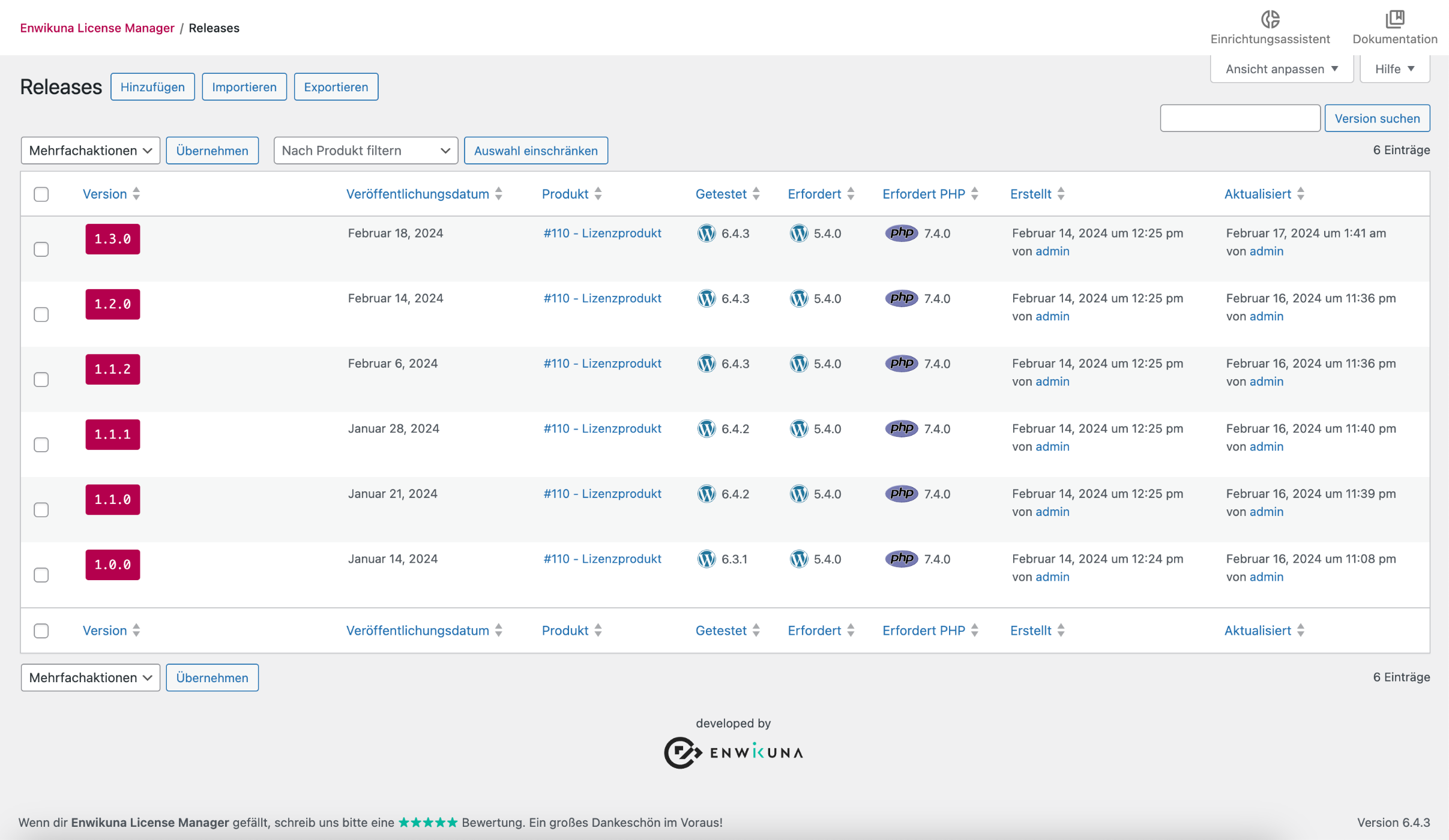 Enwikuna License Manager Releases Tabelle