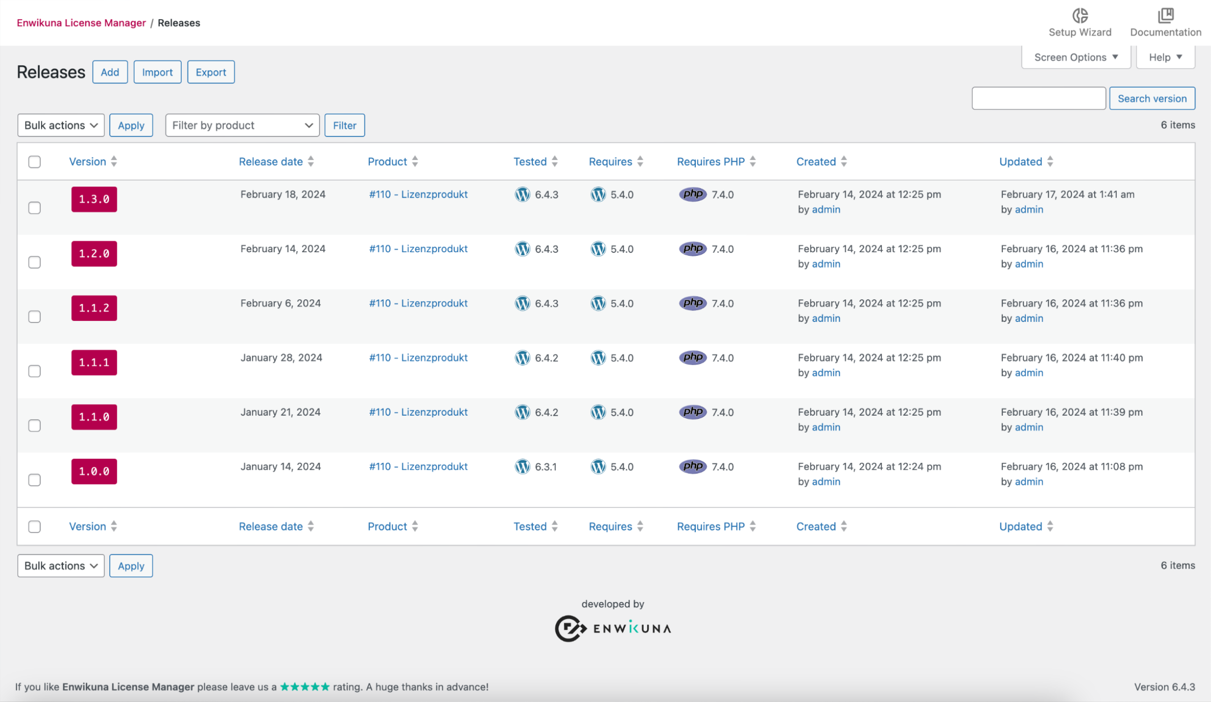 Enwikuna License Manager releases table