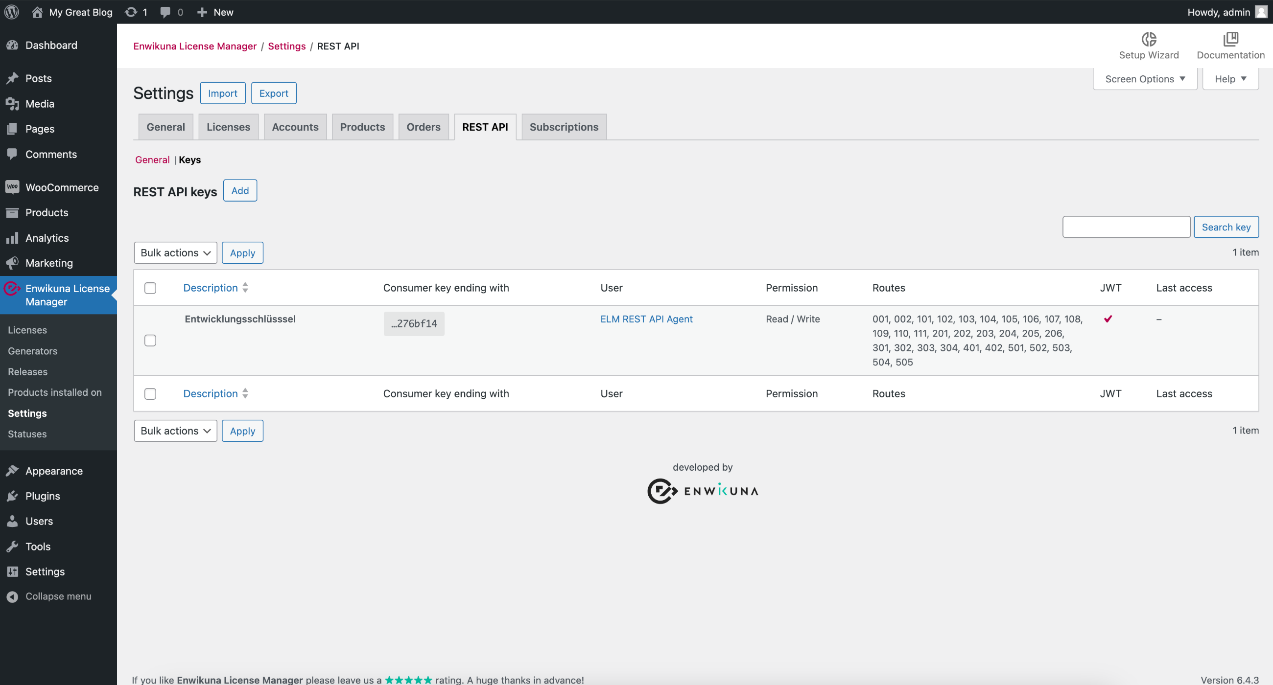 Enwikuna License Manager REST API key settings