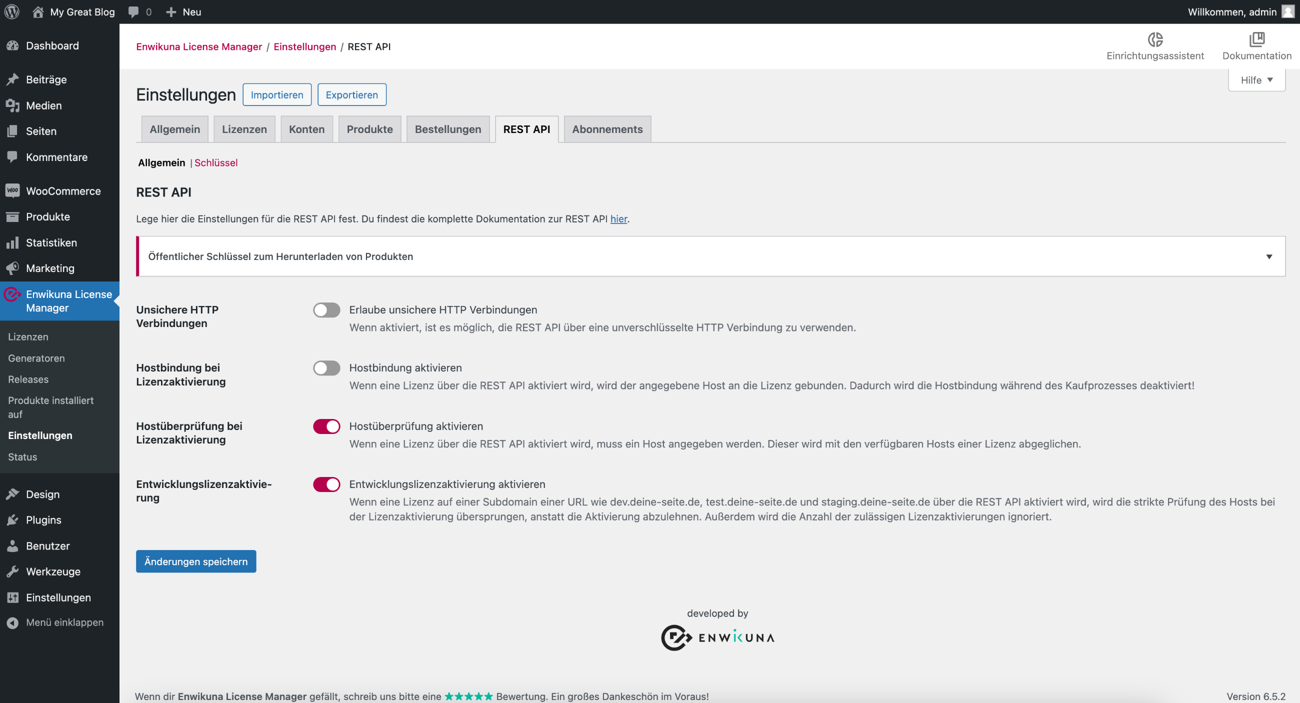 Enwikuna License Manager REST API Einstellungen