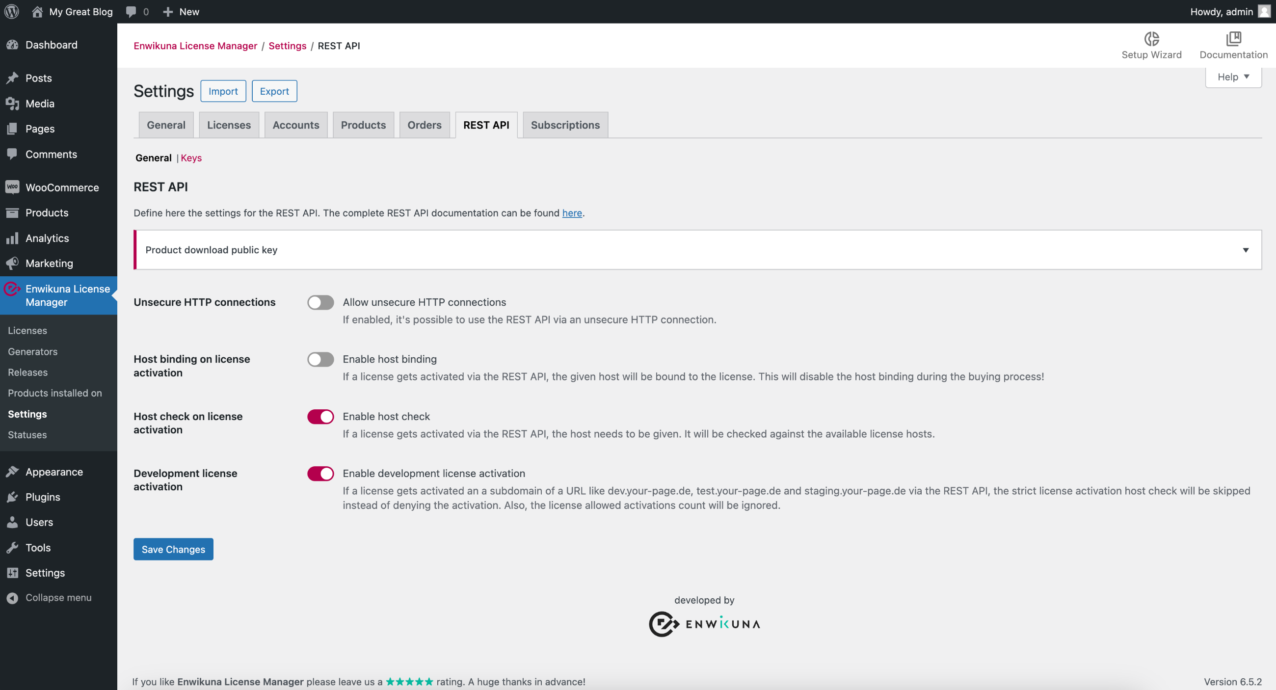 Enwikuna License Manager REST API Einstellungen