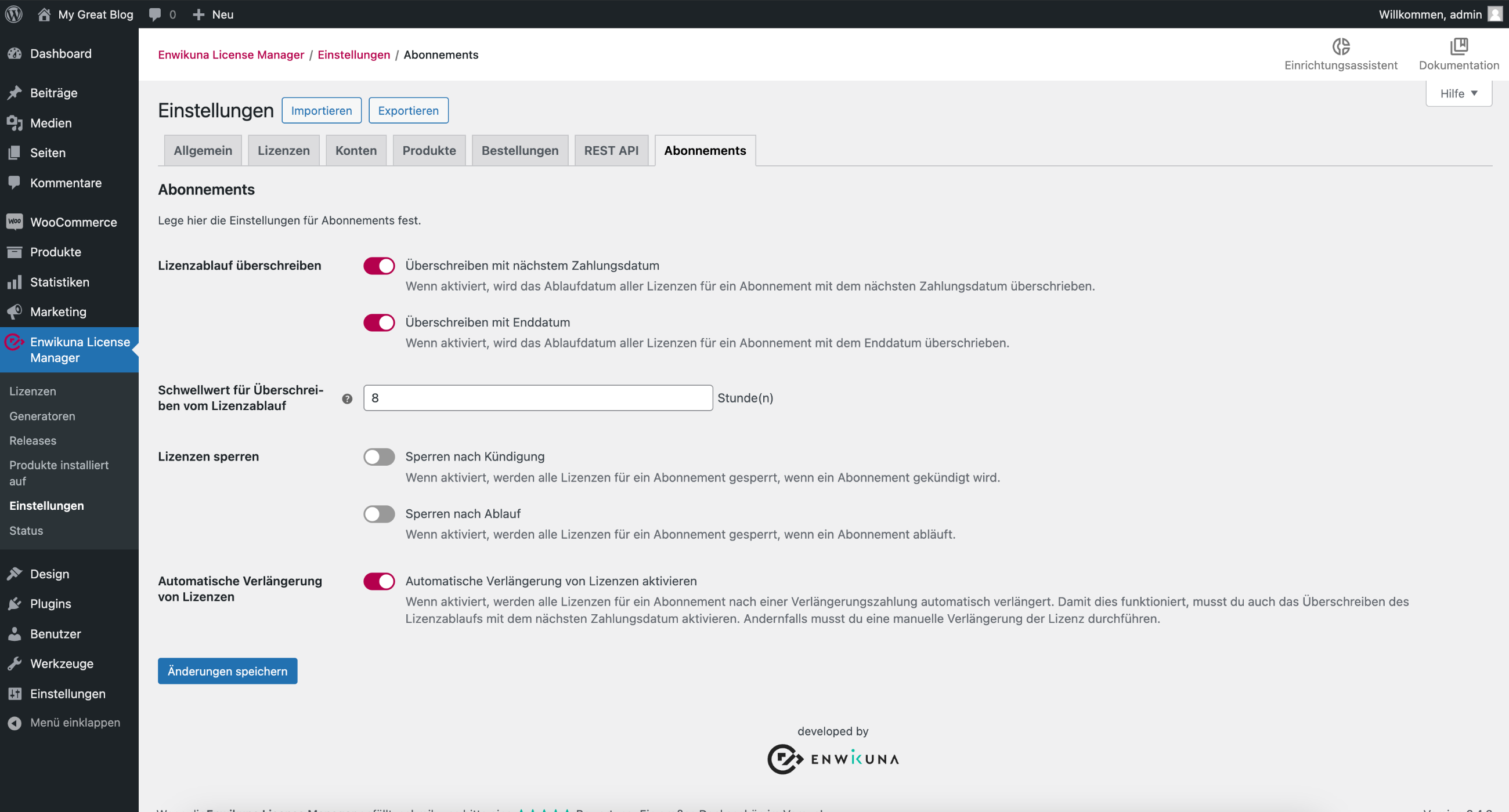 Enwikuna License Manager Abonnementeinstellungen