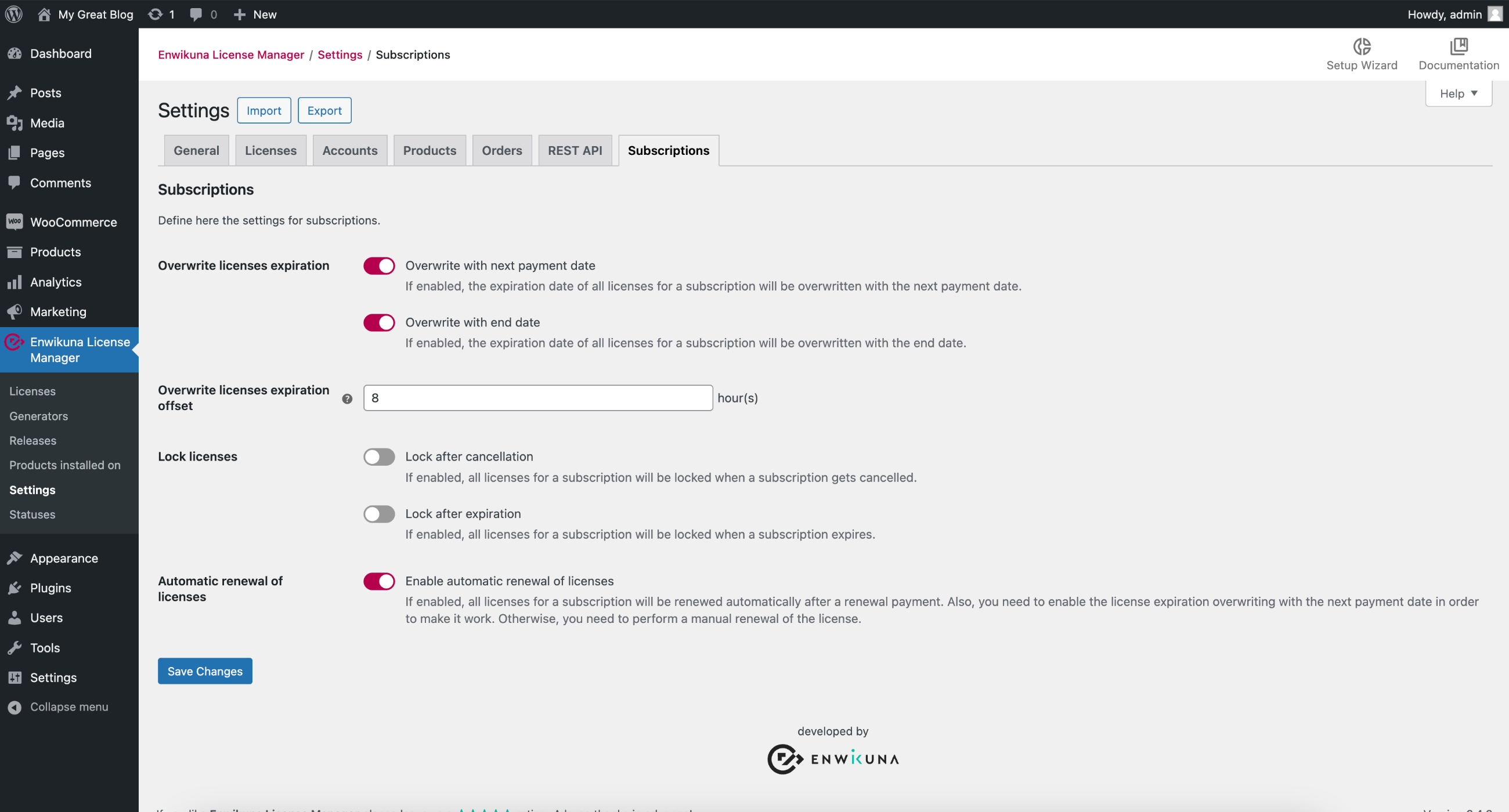 Enwikuna License Manager Abonnementeinstellungen