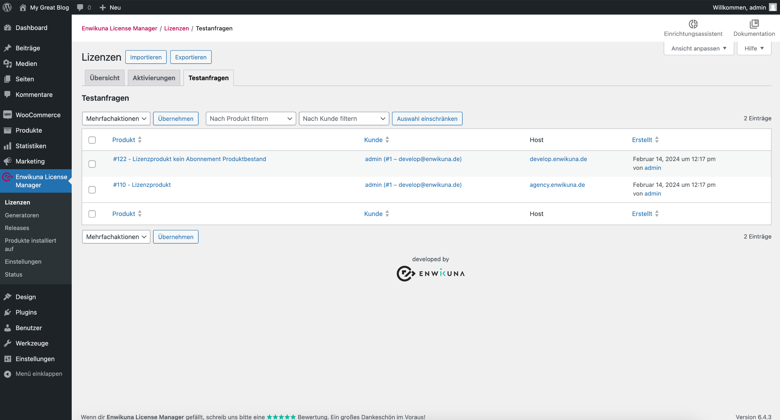 Enwikuna License Manager Testlizenzanfragen