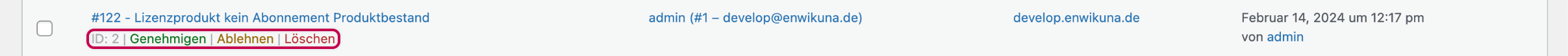 Enwikuna License Manager Testlizenzanfragen Tabelle Aktionen