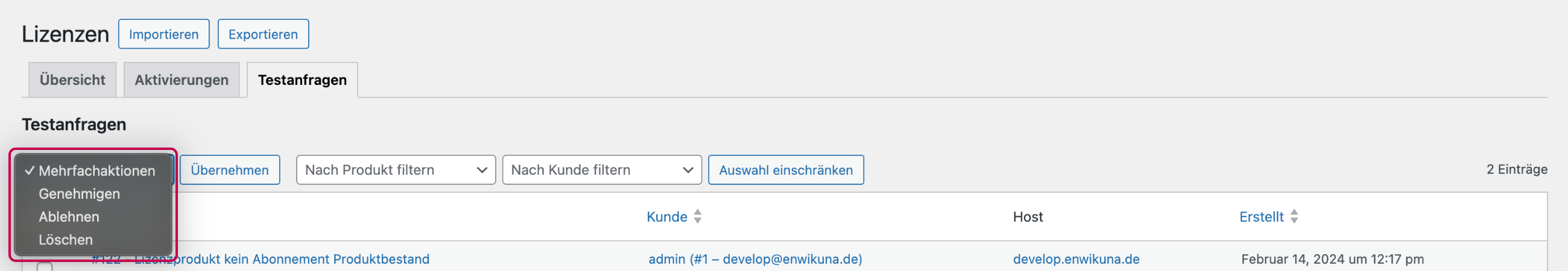 Enwikuna License Manager Testlizenzanfragen Tabelle Mehrfachaktionen