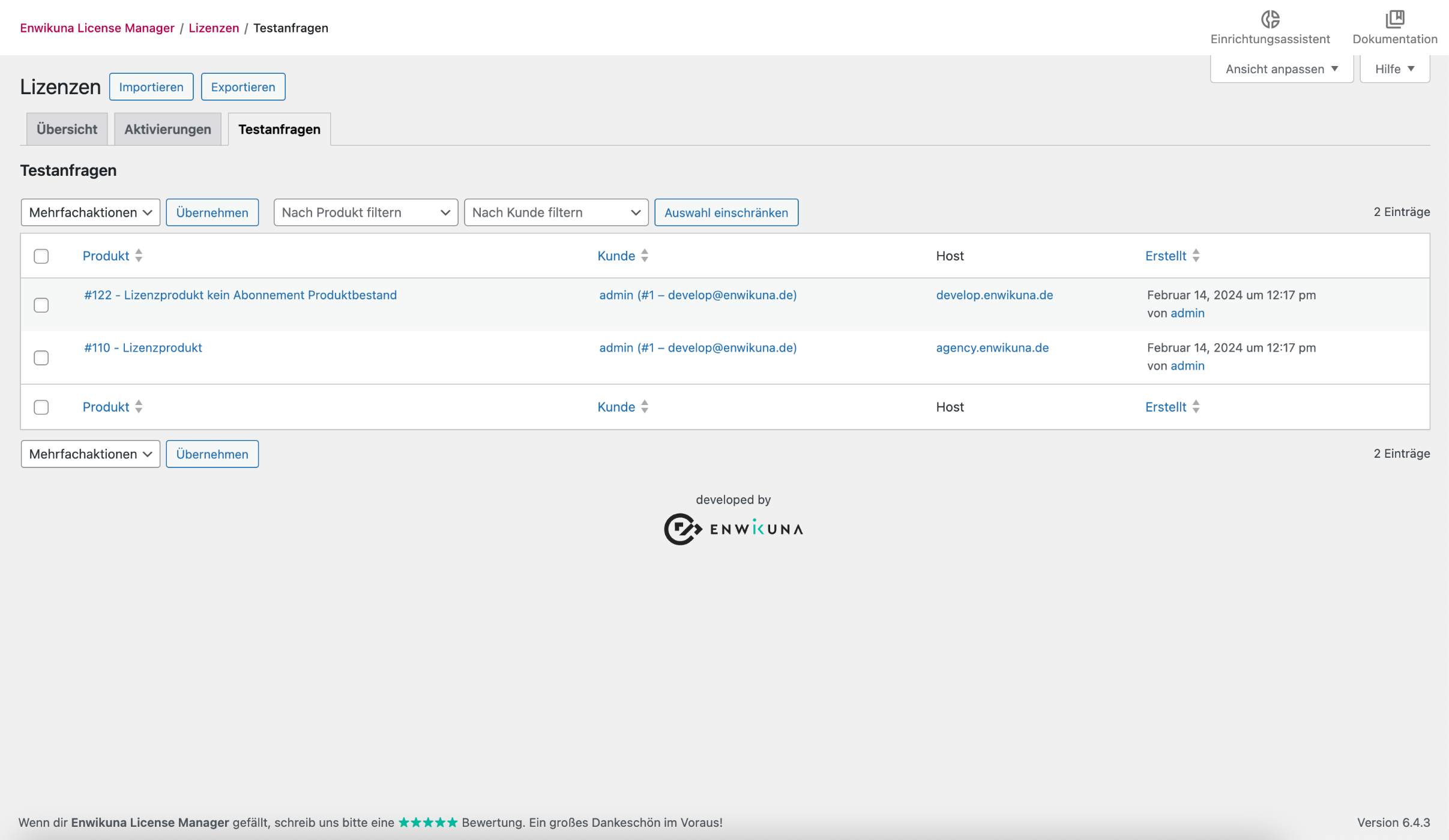 Enwikuna License Manager Testlizenzanfragen Tabelle