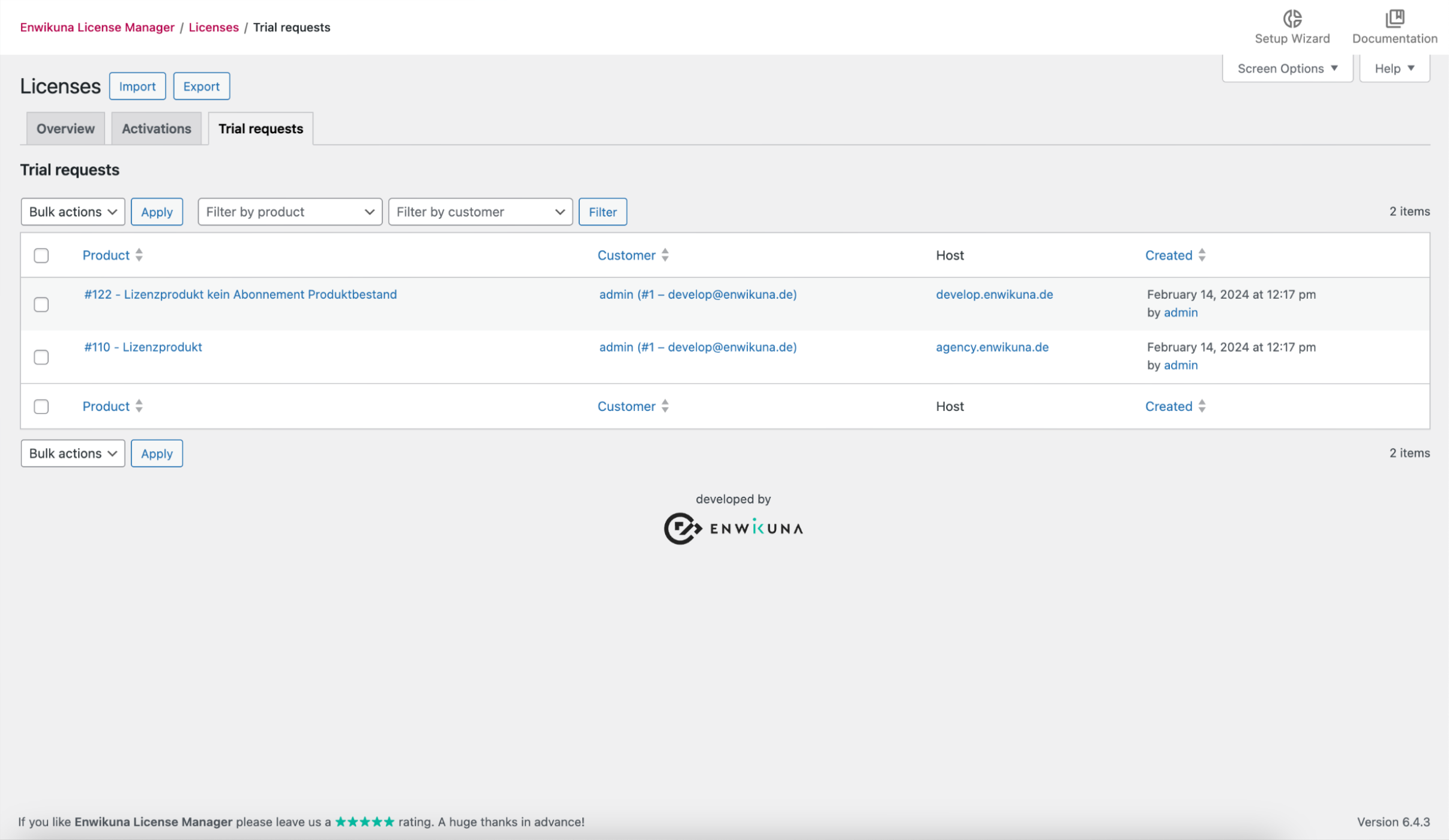 Enwikuna License Manager trial license requests table
