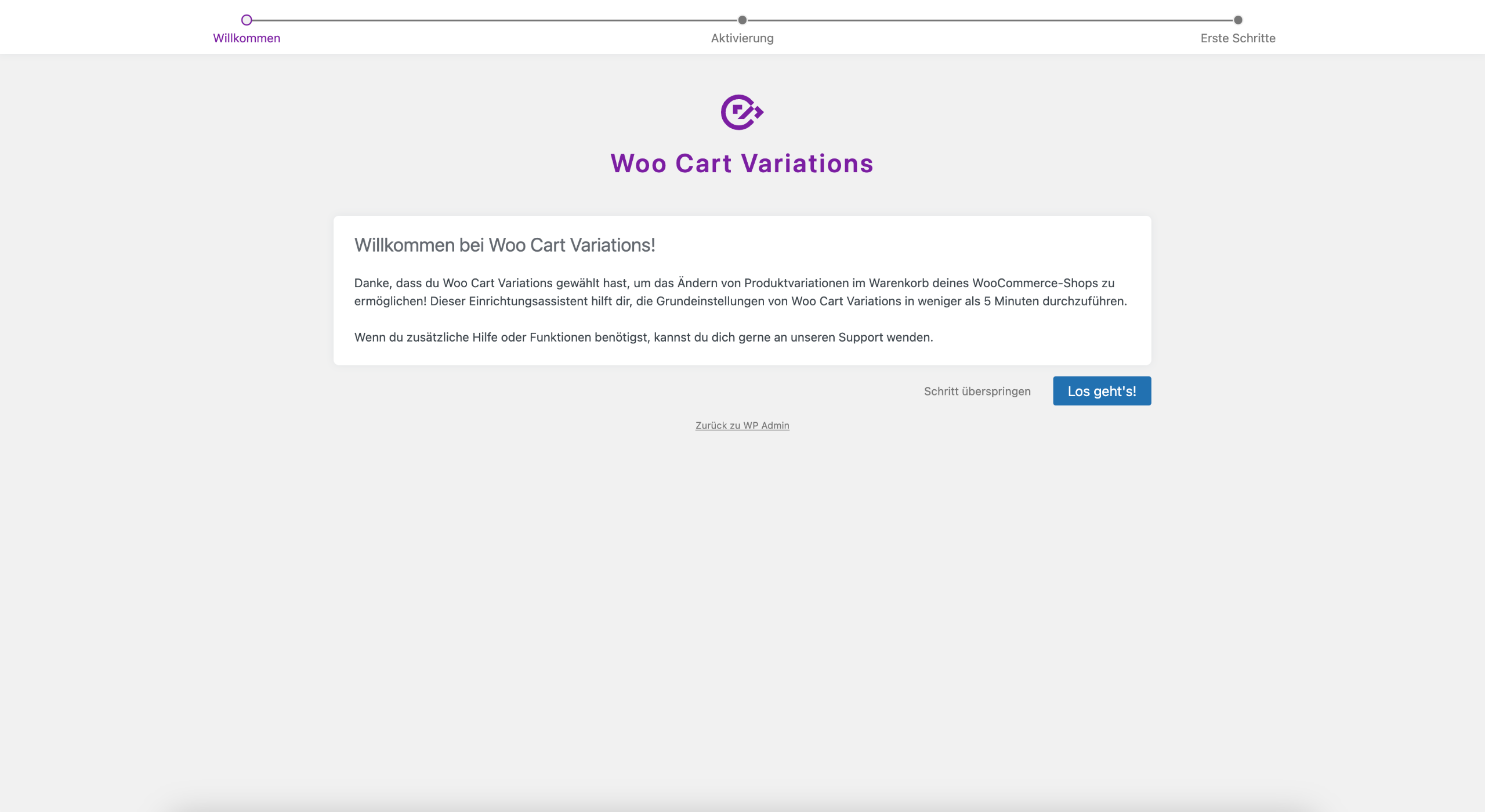 Woo Cart Variations Einrichtungsassistent Schritt 1