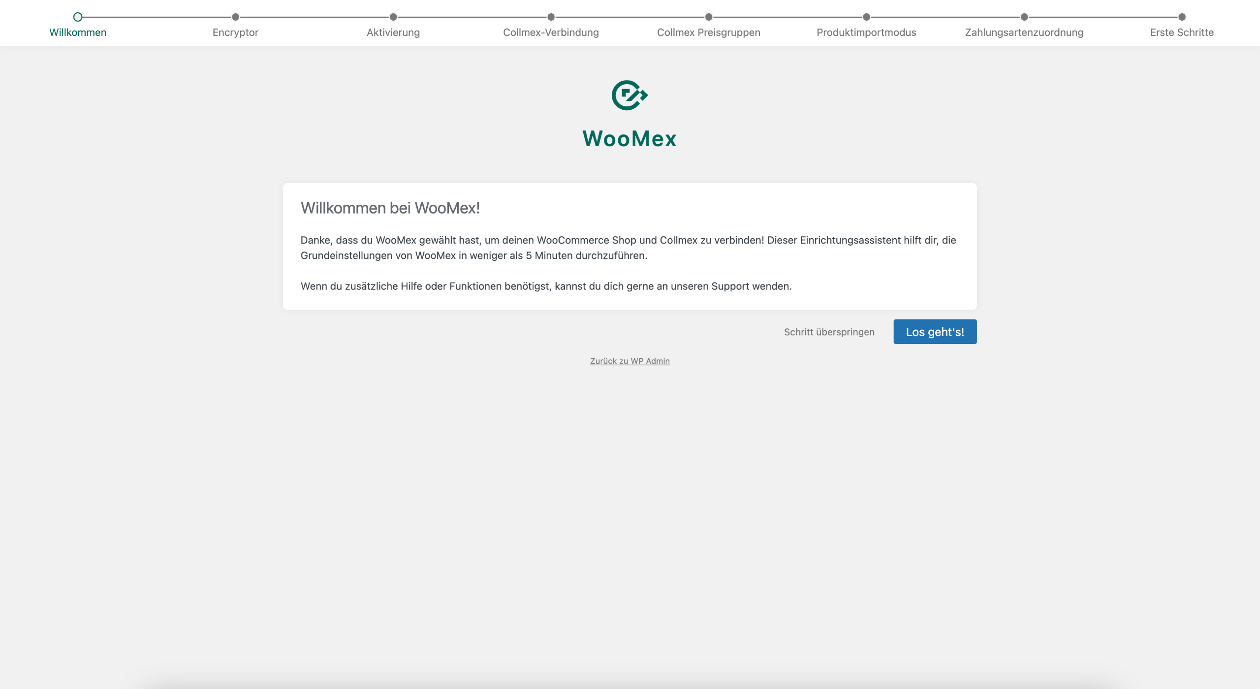 WooMex Einrichtungsassistent Schritt 1